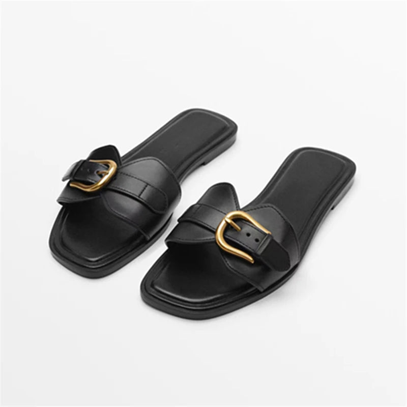 Women’s Gold-plated Buckle Slippers